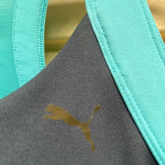 Puma teal with gray workout top, supported bra with adjustable hooks, Medium - Picture 3 of 10